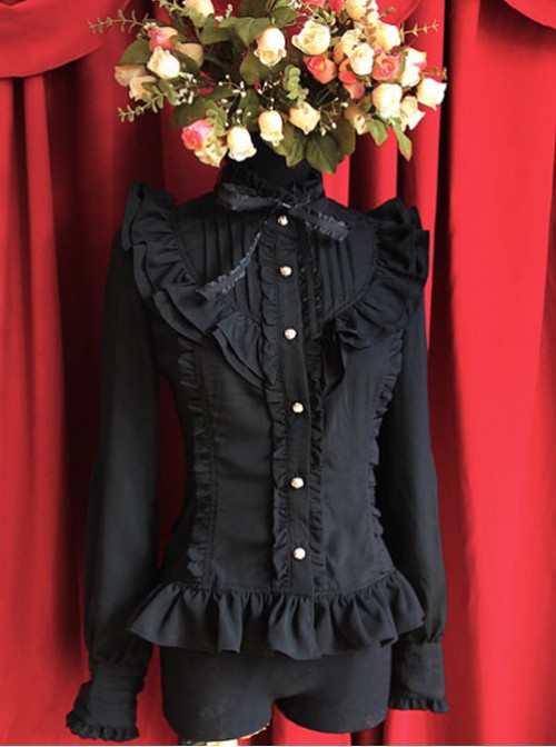 Moon’s Elegy Standing Collar Accordion Pleats Black Chiffon Long Sleeve Classic Lolita Shirt  |  Blouses