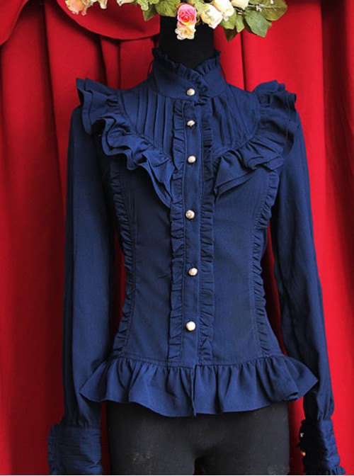 Moon’s Elegy Standing Collar Accordion Pleats Dark Blue Chiffon Long Sleeve Classic Lolita Shirt  |  Blouses