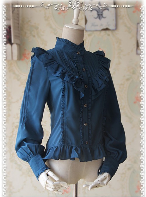 Moon’s Elegy Standing Collar Accordion Pleats Deep Peacock Blue Chiffon Long Sleeve Classic Lolita Shirt  |  Blouses