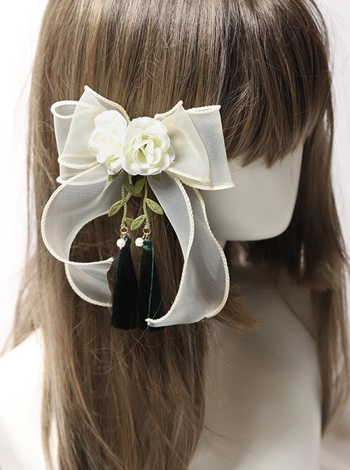 Mori Girl Rose Green Leaf Ribbon Bowknot Tassel Design Elegant Classic Lolita Hair Clip  |  Lolita Hairpins