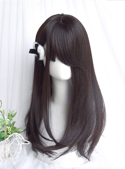 Natural Black Girly Sweet Incline Bangs Classic Lolita Medium Long Hair Wigs  |  Wigs