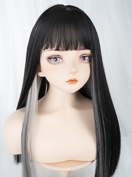 Natural Black Mixed Color Gray Hanging Ear Dyed Sweet Cute Qi Bangs Long Straight Hair Classic Lolita Wig  |  Wigs