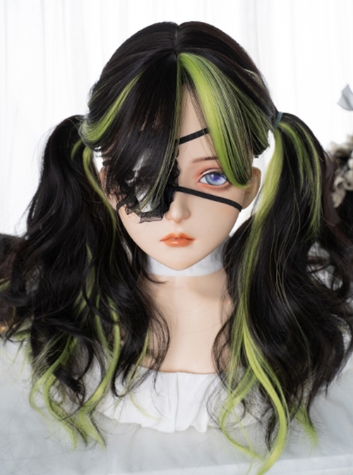 Natural Black Mixed Color Green Gradient Japanese Fashion Long Curly Hair Gothic Lolita Wig  |  Wigs