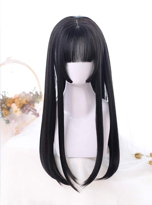 Natural Black Princess Bangs Inner Buckle Long Straight Wig Classic Lolita Wigs  |  Wigs