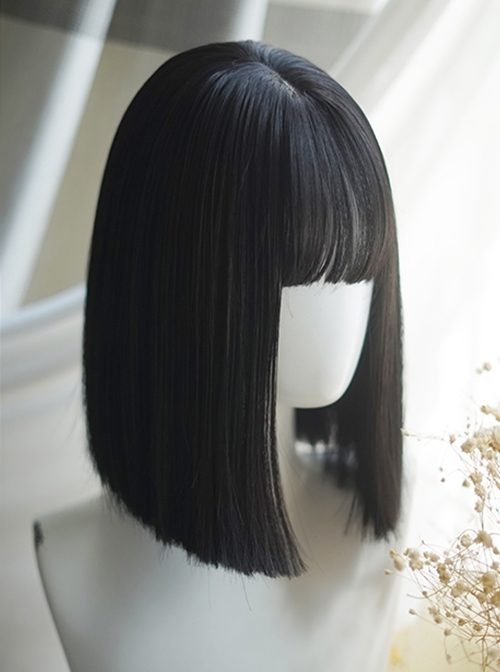 Natural Classic Black Straight Hair Air Bangs Lolita Short Wig  |  Wigs