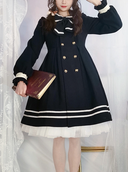 Naval Academy Style Bow Knots Double-Breasted Design Navy Square Collar Classic Lolita Long Sleeve Coat  |  Coat & Jacket