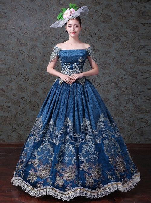 Navy Blue Off Shoulder True Velvet Embroidery Prom Dress  |  Plus Size Lolita Dresses