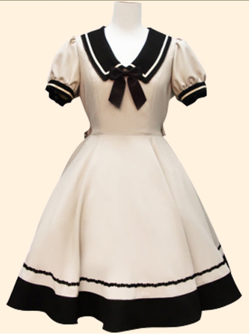 Navy Collar Bowknot School Lolita Short Sleeve Dress  |  Plus Size Lolita Dresses