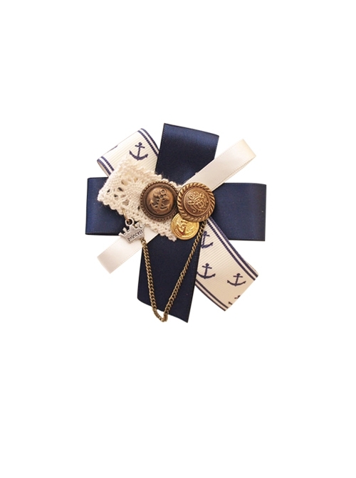 Navy Style Blue-White Color Contrast Lace Button Ribbon Autumn Winter Coat Classic Lolita Brooch  |  Lolita Necklaces