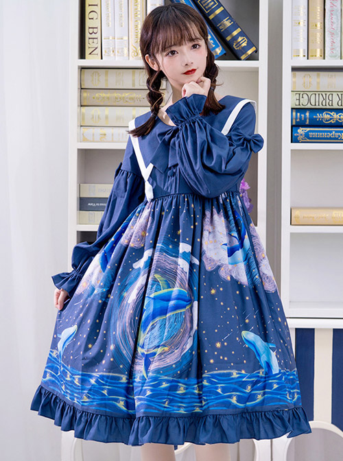 Nebula Whale Series OP Printing Classic Lolita Long Sleeve Dress  |  Classic Lolita Dresses