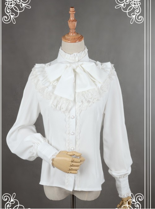 Neverland White High Collar Bowknot Lantern Sleeve Lolita Blouse  |  Plus Size Lolita Blouses