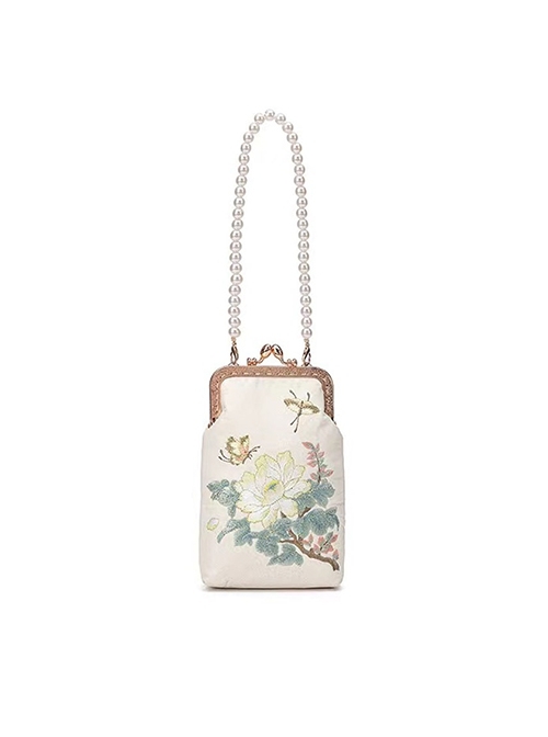 New Chinese Style Exquisite Yellow Peony Butterfly Hanfu Lolita Cheongsam Embroidery Crossbody Pearl Chain Mobile Phone Bag  |  Lolita Bags