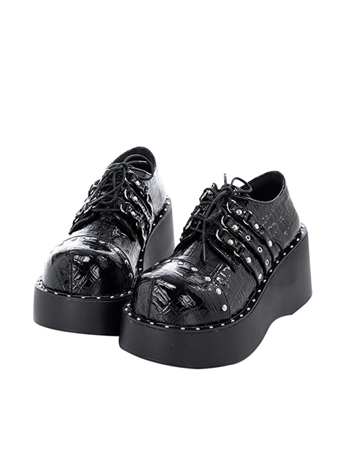 Night Angel Series Gothic Style Belt Buckle Design Metal Round Nail Decoration Solid Color Platform Shoes  |  Lolita Shoes