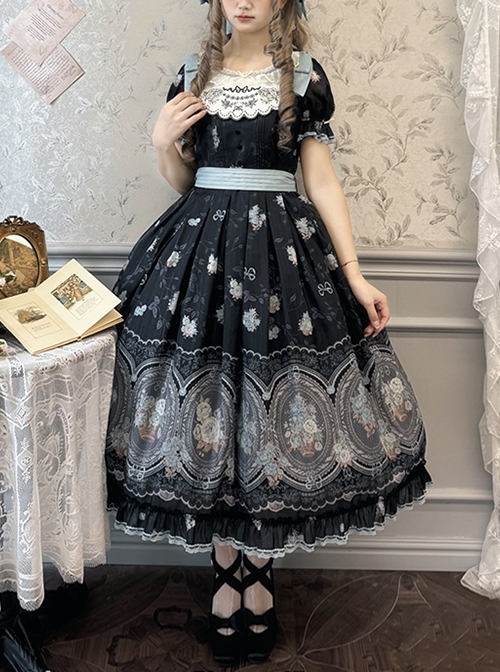 Night Rose Series Petal Edge Lace Bowknot Palace Style Gorgeous Elegant Flower Print Puff Sleeve Classic Lolita Long Dress  |  Classic Lolita Dresses