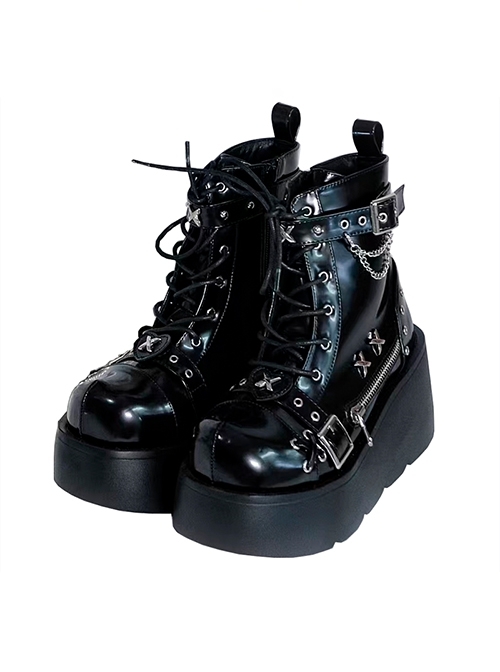 Night Stalker Series Thick Sole Spring Autumn PU Patent Leather Round Toe Metal Chain Decorated Punk Lolita Martin Boots  |  Lolita Boots