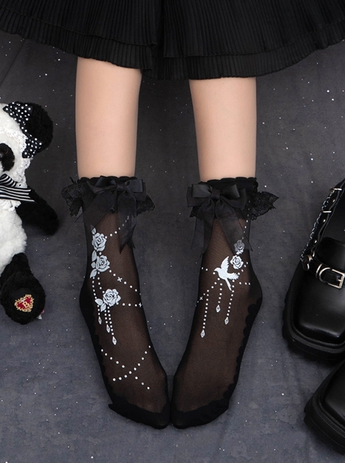 Nightingale And Rose Series Solid Lace Bowknot Gorgeous Rose Nightingale Print Classic Lolita Socks  |  Lolita Socks