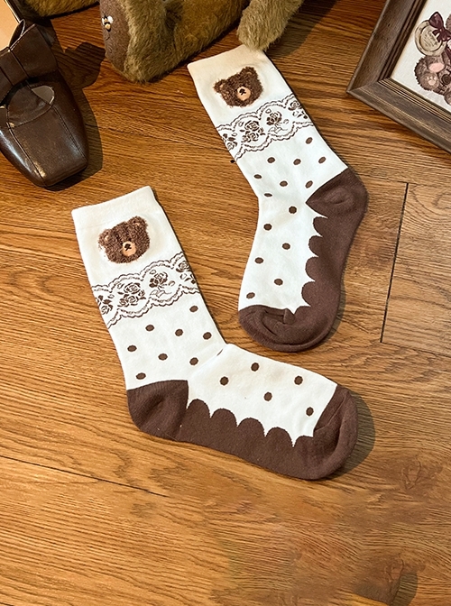 Nitin Bear Series Daily Commute Brown Polka Dots 3D Plush Little Bear Lace Print Cute Sweet Lolita Short Socks  |  Lolita Socks