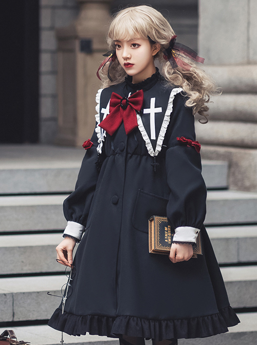 Nun Diary Series Double-faced Tweed Gothic Lolita Retro Black Coat  |  Coat & Jacket