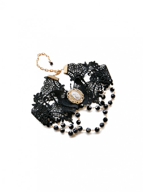 Obsidian Butterfly’s Dance Black Lace Bead Chain Gothic Lolita Choker  |  Lolita Necklaces