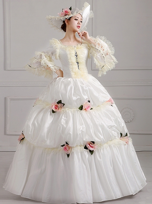 Off White Lace Silver Edge Mid-length Sleeve Pink Flowers Decoration Pure Holy Lolita Prom Dress  |  Lolita Prom Dresses