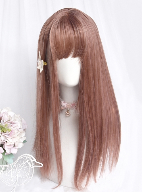 Oolong Peach Series Pink Round Face Natural Air Bangs Medium Long Straight Hair Classic Lolita Wig  |  Wigs