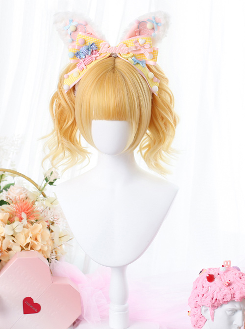 Orange Gold Short Wig Sweet Lolita Wigs With Curly Double Ponytail Clips  |  Wigs