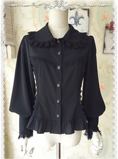 Ordinary Leg-of-mutton Sleeve Black Chiffon Classic Lolita Shirt  |  Plus Size Lolita Blouses