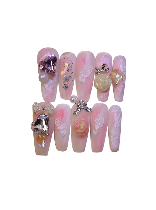 Oversized Love Pink-White Sweet Hand-Painted Rose Butterfly Matte Detachable Finished Manicure Nail Pieces  |  Nails