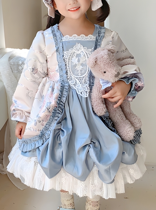 Palace Style Lace Flower Print Thickened Autumn Winter Cute Sweet Lolita Kids Long-Sleeved Dress  |  Kids Dresses