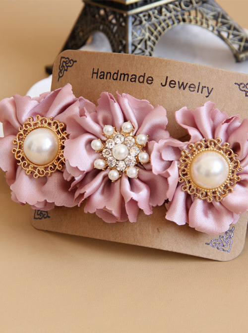 Palace Style Pink Cloth Pearl Flowers Lolita Hairpin  |  Lolita Hairpins