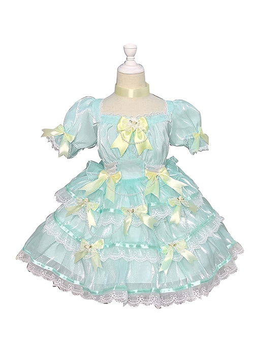 Pale Yellow Bow Knots Layered Hems Pleated Lace Children Sweet Lolita Kids Green Muslin Short Sleeve Dress  |  Kids Dresses