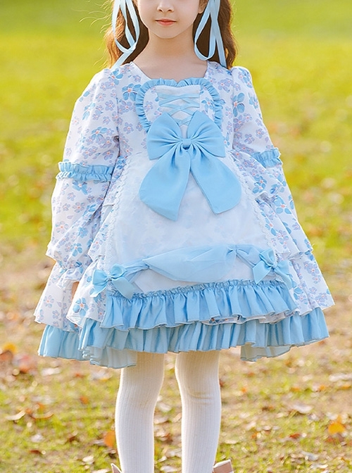 Pastoral Style Blue Floral Mosaic Lantern Sleeve Love Bow-Knot Decoration Spring Autumn Classic Lolita Kids Long-Sleeved Dress  |  Kids Dresses