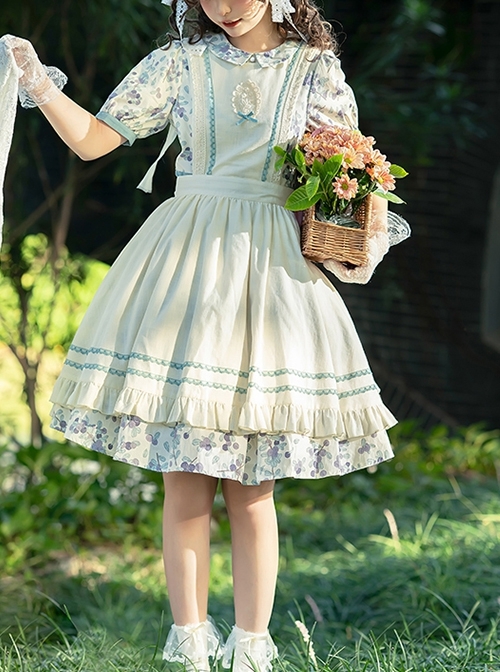 Pastoral Style Blueberry Print Detachable Apron Cute Puff Sleeve Sweet Lolita Short Sleeve Dress Set  |  Sweet Lolita Dresses