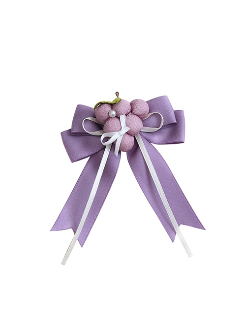 Pastoral Style Cloth Art Simulation 3D Grape Ribbon Satin Large Bowknot Pearl Classic Lolita Hair Clip  |  Lolita Hairpins