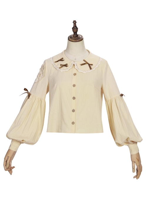 Pastoral Style Doll Collar Bowknot Embellishment Sweet Lolita Apricot Long Sleeve Shirt  |  Blouses