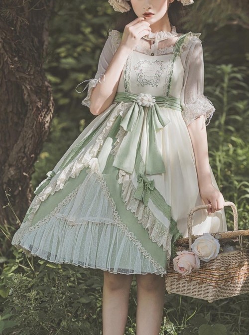 Pastoral Style Elegant Embroidery Green Fresh Lace Irregular Hem Design Classic Lolita Sleeveless Dress  |  Classic Lolita Dresses