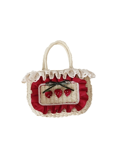 Pastoral Style Lace Grass Weave Spring Outing Cute Sweet Little Strawberry Sweet Lolita HandBag  |  Lolita Bags