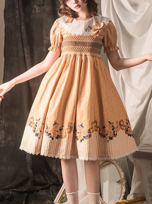 Pastoral Style Round Neck Rose Embroidery Floral Stripe Stitching Pure Color Classic Lolita Short Sleeved Dress  |  Classic Lolita Dresses