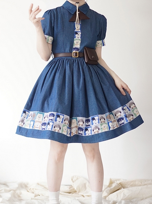 Paw Patrol Series Sweet Daily Cute Vintage Denim Cartoon Puppy Print College Style School Lolita Puff Sleeves Dress  |  School Lolita Dresses