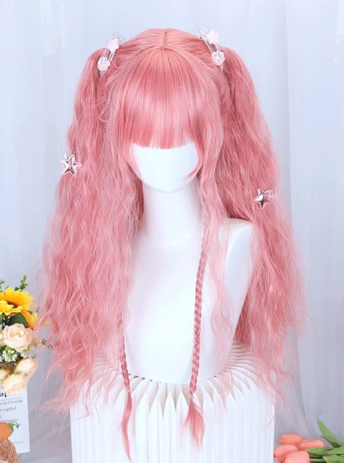 Peach Pink Water Ripples Long Curly Hair Flat Bangs Versatile Daily Cute Girl Sweet Lolita Full Head Wig  |  Wigs