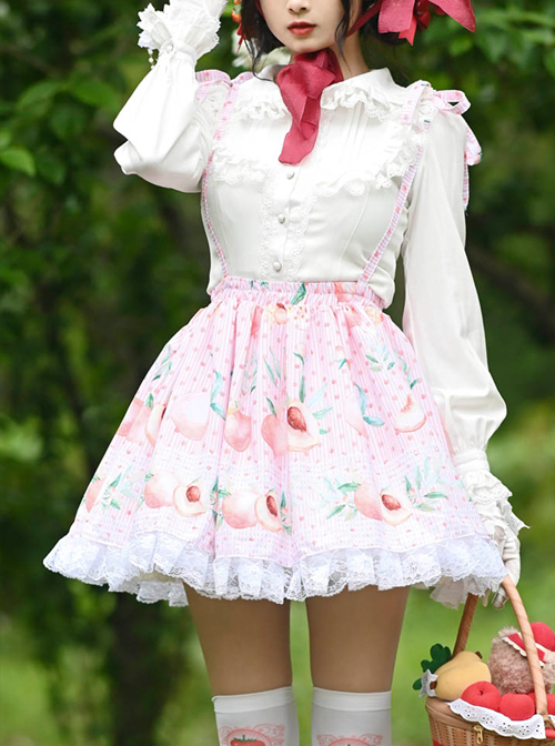 Peach Printed Ruffle White Lace Sweet Lolita Pink Sling Skirt  |  Skirts