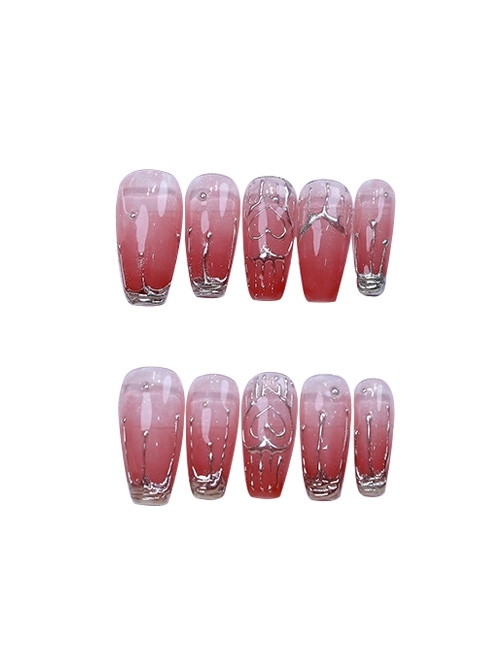 Peach Red Translucent Mid-Length Metal Water Drop Detachable Finished Manicure Nail Pieces  |  Nails