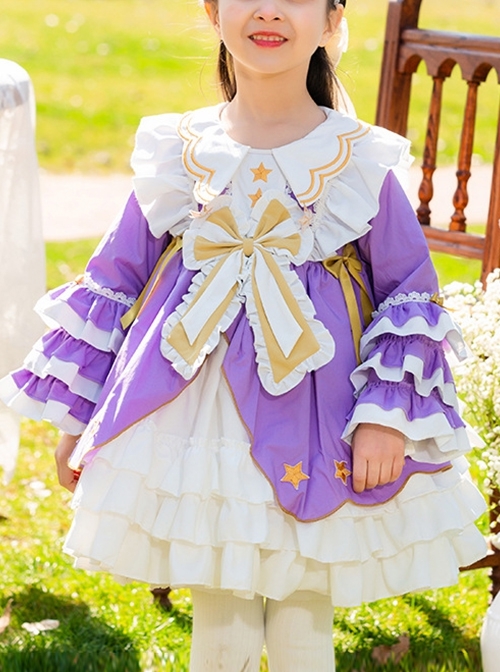 Petal Collar Star Bow-Knot Decoration Princess Style Spring Classic Lolita Kids Long Sleeve Dress  |  Kids Dresses