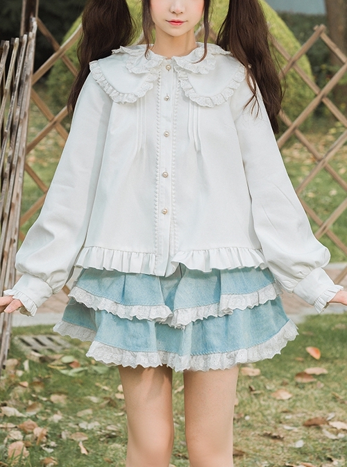 Phalaenopsis Series Ruffled Doll Collar Classic Lolita Long Sleeve Fleece White Shirt  |  Blouses