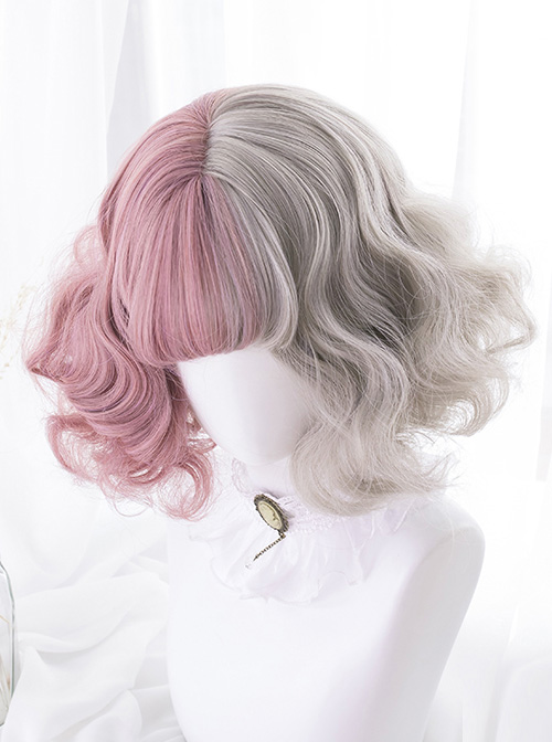 Pink And Gray Left And Right Gradient Short Curly Hair Lolita Wigs  |  Wigs