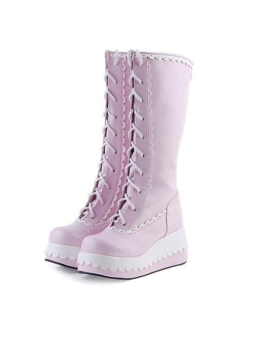 Pink and White 2.8″ Adorable PU Round Toe Sweet Girls Lolita Boots  |  Lolita Boots