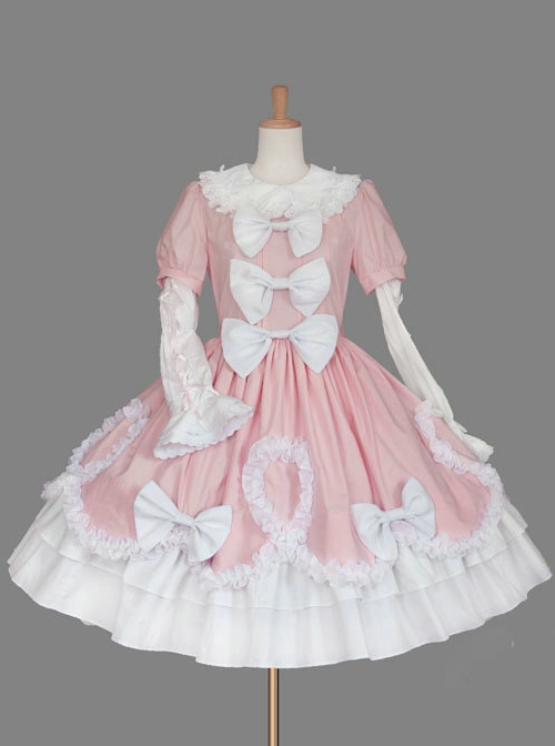 Pink And White Round Neck Bow Lovely Sweet Lolita Dress  |  Plus Size Lolita Dresses