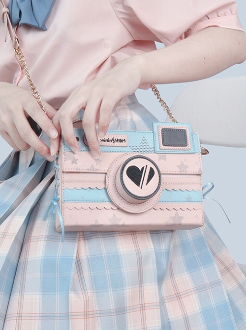 Pink-Blue Two-Color Three-Dimensional Imitation Camera Bag Black Love Embroidery Star Printing Bead Chain Classic Lolita Crossbody Shoulder Bag  |  Lolita Bags