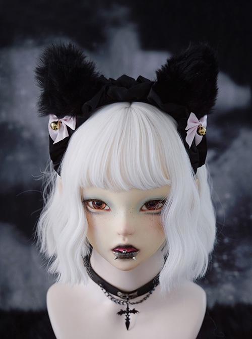 Pink Bowknot Bell Decorate Black Plush Fox Ears Gothic Lolita Headband  |  Lolita Headbands