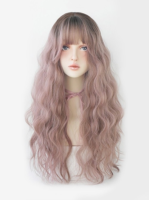 Pink Brown Gradient Air Bangs Wool Curly Long Curly Hair Natural Classic Lolita Wig  |  Wigs